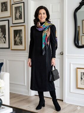 Cloak of Many Colors - Vintage Black Long Sleeve Wool Dress - 8